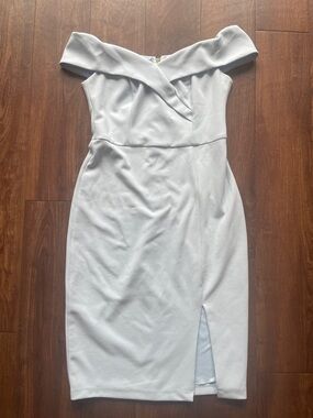 Off-Shoulder Light Blue Midi Dress with Front Slit